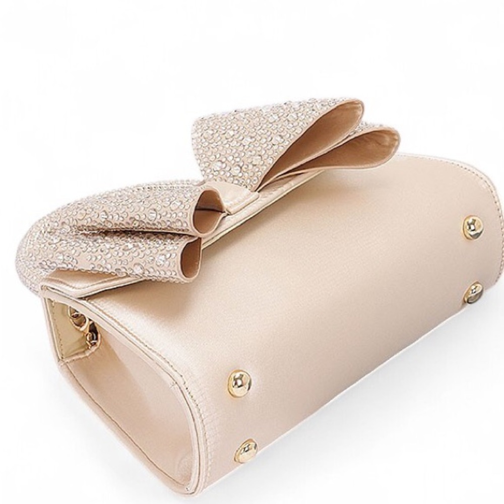 Vegan Leather Rhinestone Bow Top Handle Bag - Gold, Black, and Silver - Picture 6 of 8